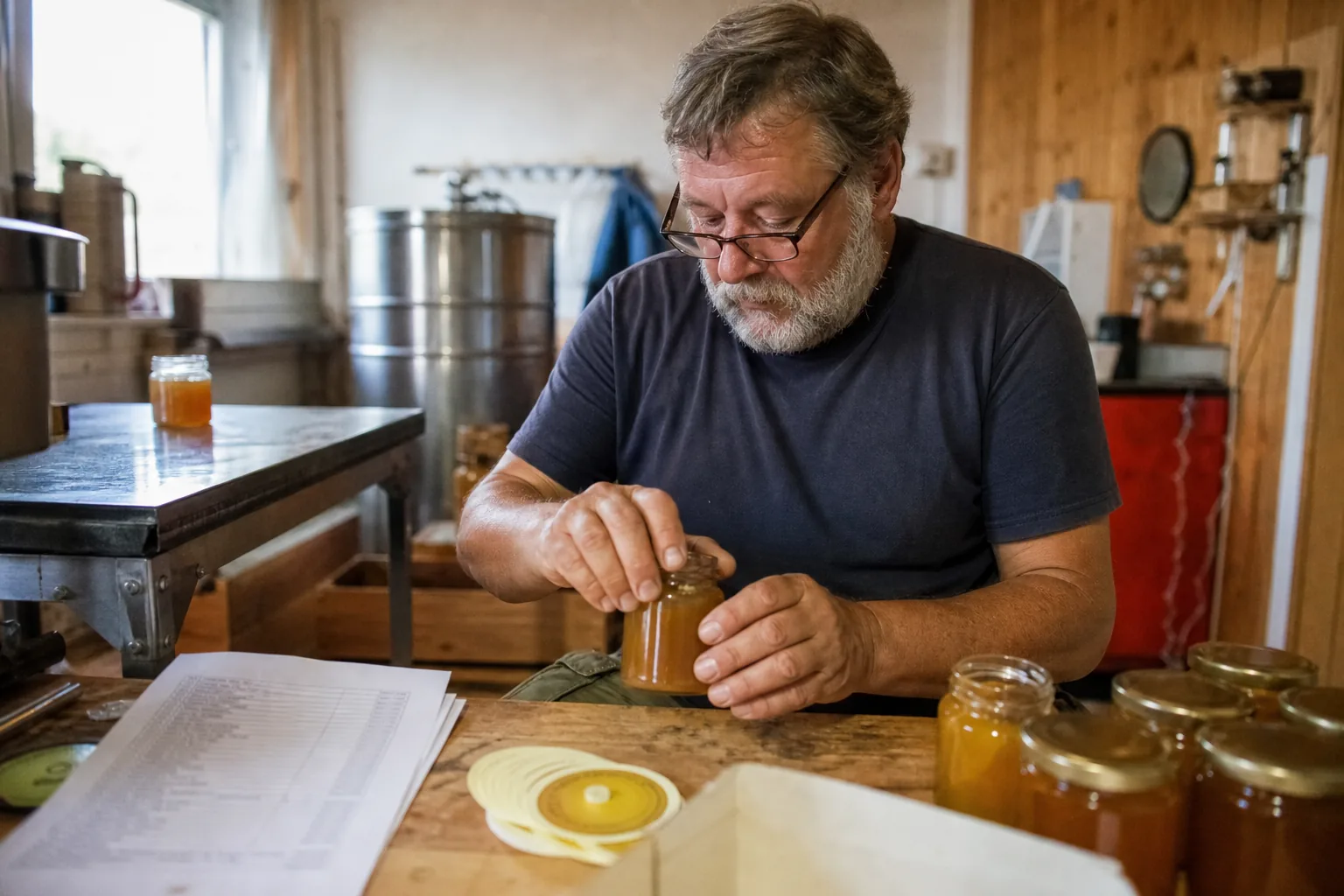 Honiggläser, Etiketten und eine Chargenliste liegen auf einem Abfülltisch