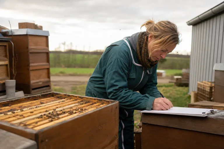Imkerin dokumentiert eine Varroabehandlung in einer Stockkarte am Bienenstand