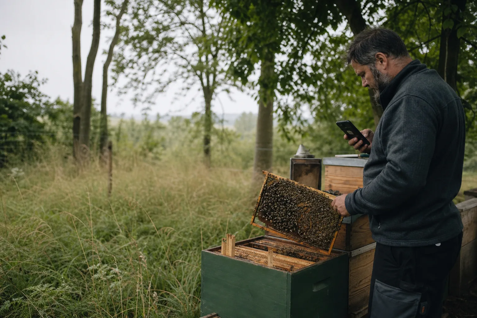 Imker dokumentiert eine Durchsicht an einer geöffneten Bienenbeute